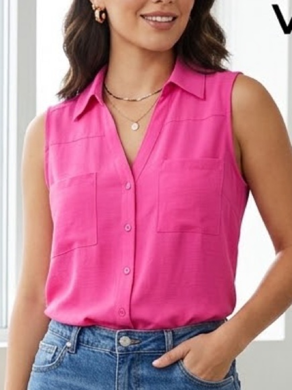 Express Sleeveless Button-Front Blouse in Hot Pink
